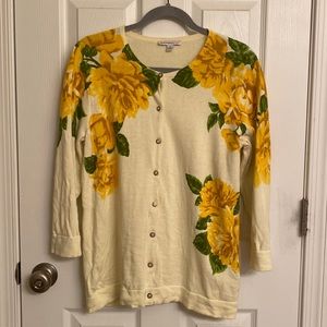 Isaac Mizrahi Live Yellow Floral Print Cotton Cardigan Sweater Size Large